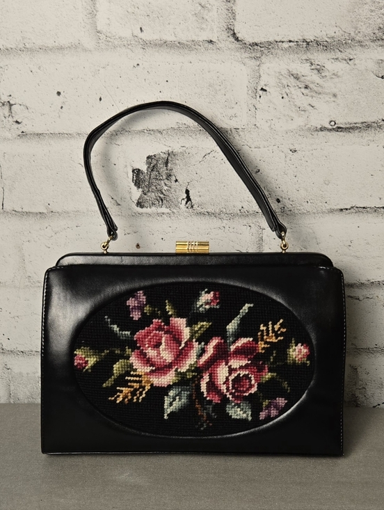 Handbags - Vintage Needlepoint Rose Handbag Black Frame Kiss Lock Floral Purse